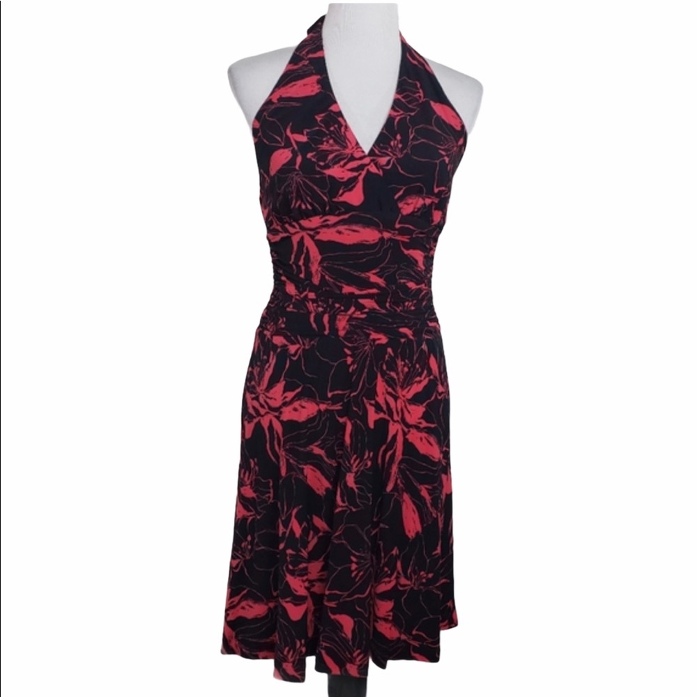 Jones New York Black and Pink Open shoulders Floral Halter Dress